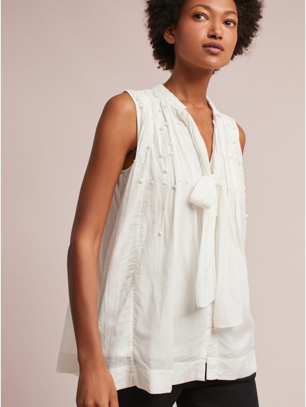 Anthropologie Feather and Bone Pearl Studded Tie Neck Swing Blouse Size Large